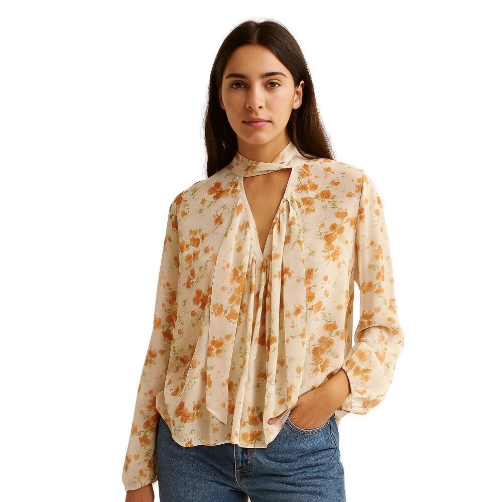 Like New ZARA Ethereal Flowy Orange Floral Sheer Chiffon Long Sleeve Blouson Top